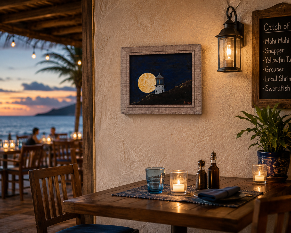 8x10" Original oil painting on canvas panel, super moon rising behind lighthouse on a Hawaiian mountain, specialty framed, shown in a restaraunt on the bech