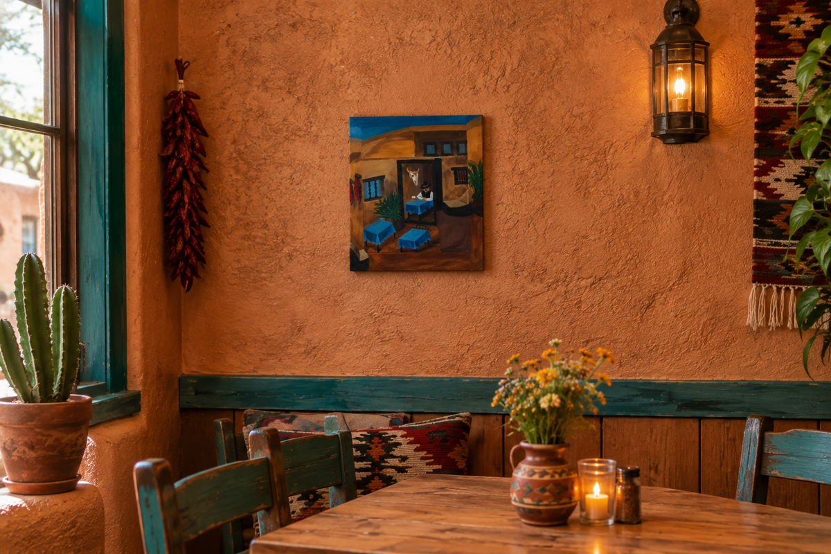 12 1/2 x 14" Original oil painting on wood, mixed media, 3 dimensional, painting continues onto frame, shown in a southwest cafe