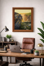 20x24" original oil painting of a mountain in Yosemite with a lovely vista below and across to the next mountain. Framed in complementary chestnut wood frame, displayed behind desk