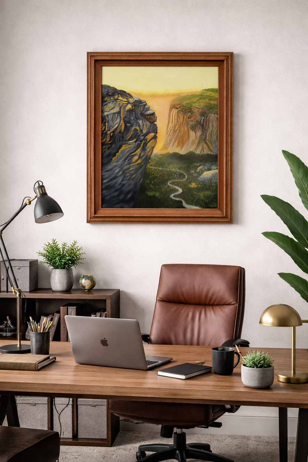 20x24" original oil painting of a mountain in Yosemite with a lovely vista below and across to the next mountain. Framed in complementary chestnut wood frame, displayed behind desk