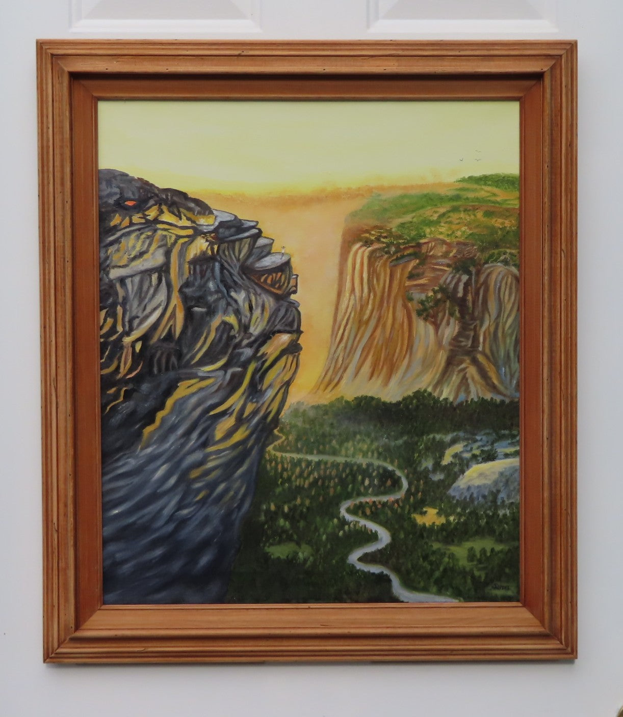 20x24" original oil painting of a mountain in Yosemite with a lovely vista below and across to the next mountain. Framed in complementary light brown wood frame