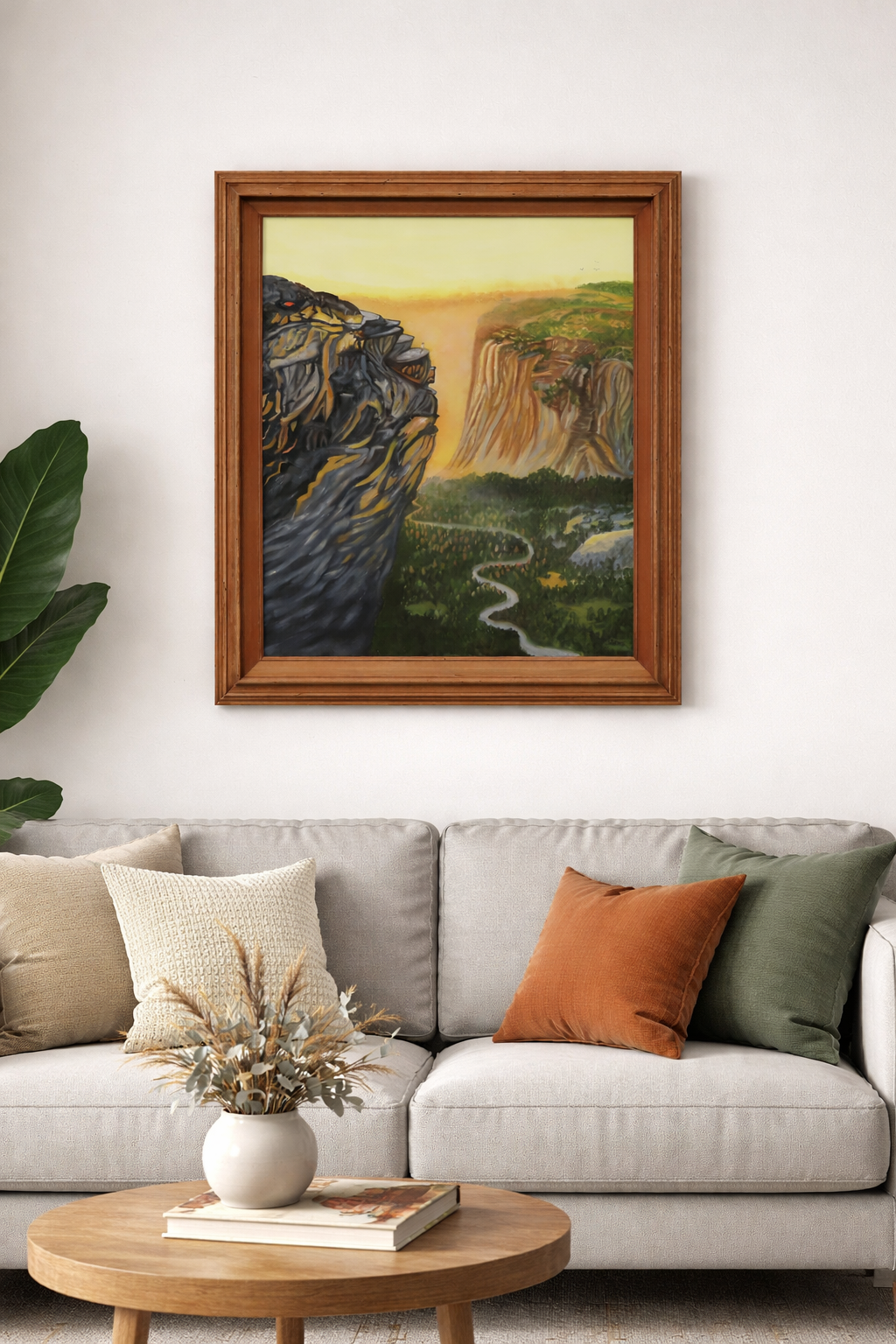 20x24" original oil painting of a mountain in Yosemite with a lovely vista below and across to the next mountain. Framed, displayed over sofa
