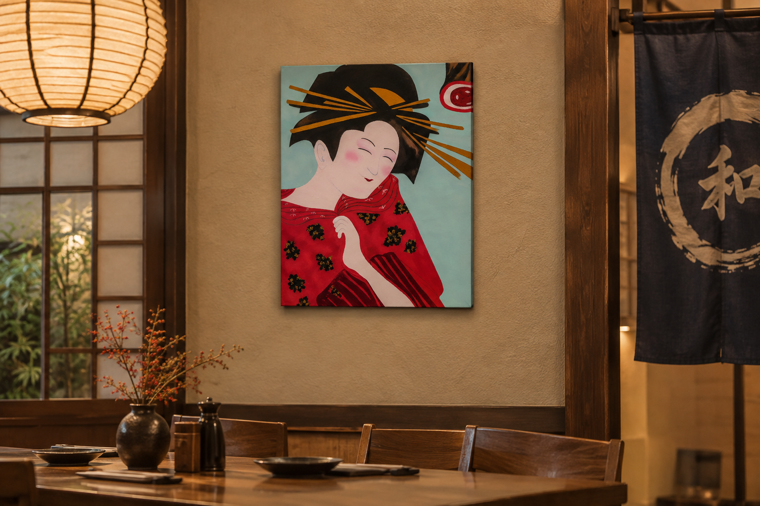 12x16" original oil painting of traditional Geisha, shown in a Japanese restaraunt