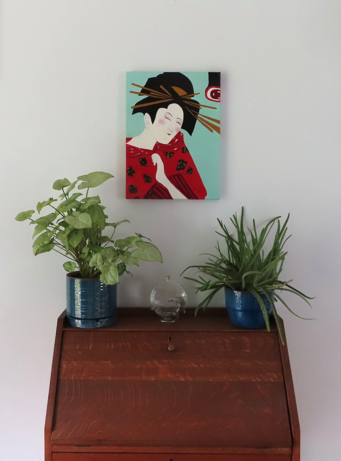 original oil painting of traditional Geisha, unframed-pictured over secretary desk