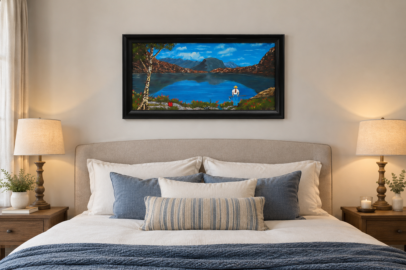 12x24" Original oil painting, landscape of hiker viewing the lake, reflections and distant mountains, framed, shown over a bed