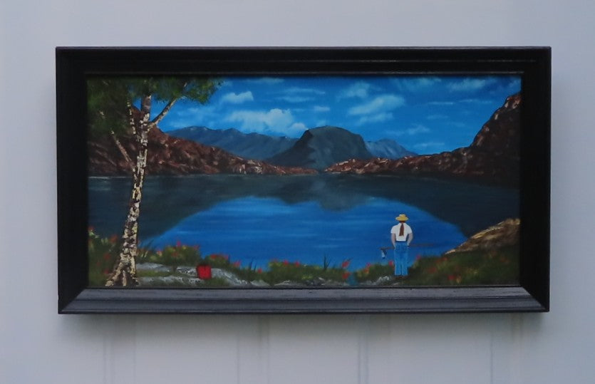 12x24" Original oil painting, landscape of hiker viewing the lake, reflections and distant mountains, framed