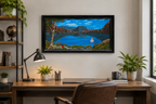 12x24" Original oil painting, landscape of hiker viewing the lake, reflections and distant mountains, framed, shown over an office desk