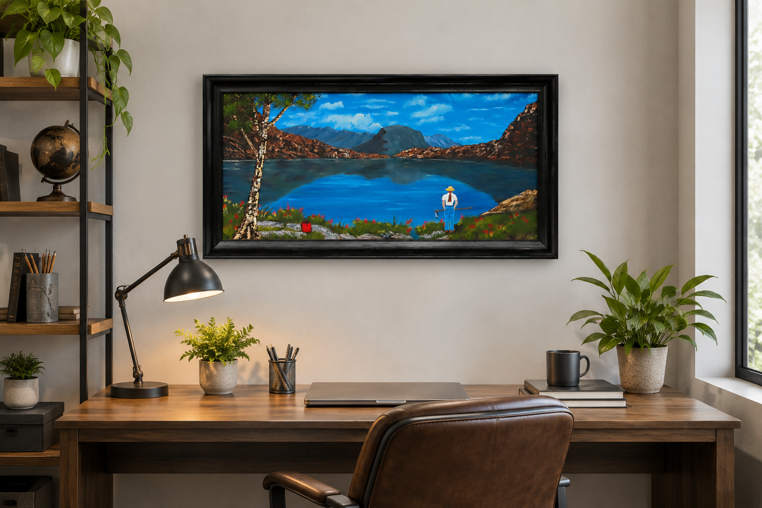 12x24" Original oil painting, landscape of hiker viewing the lake, reflections and distant mountains, framed, shown over an office desk