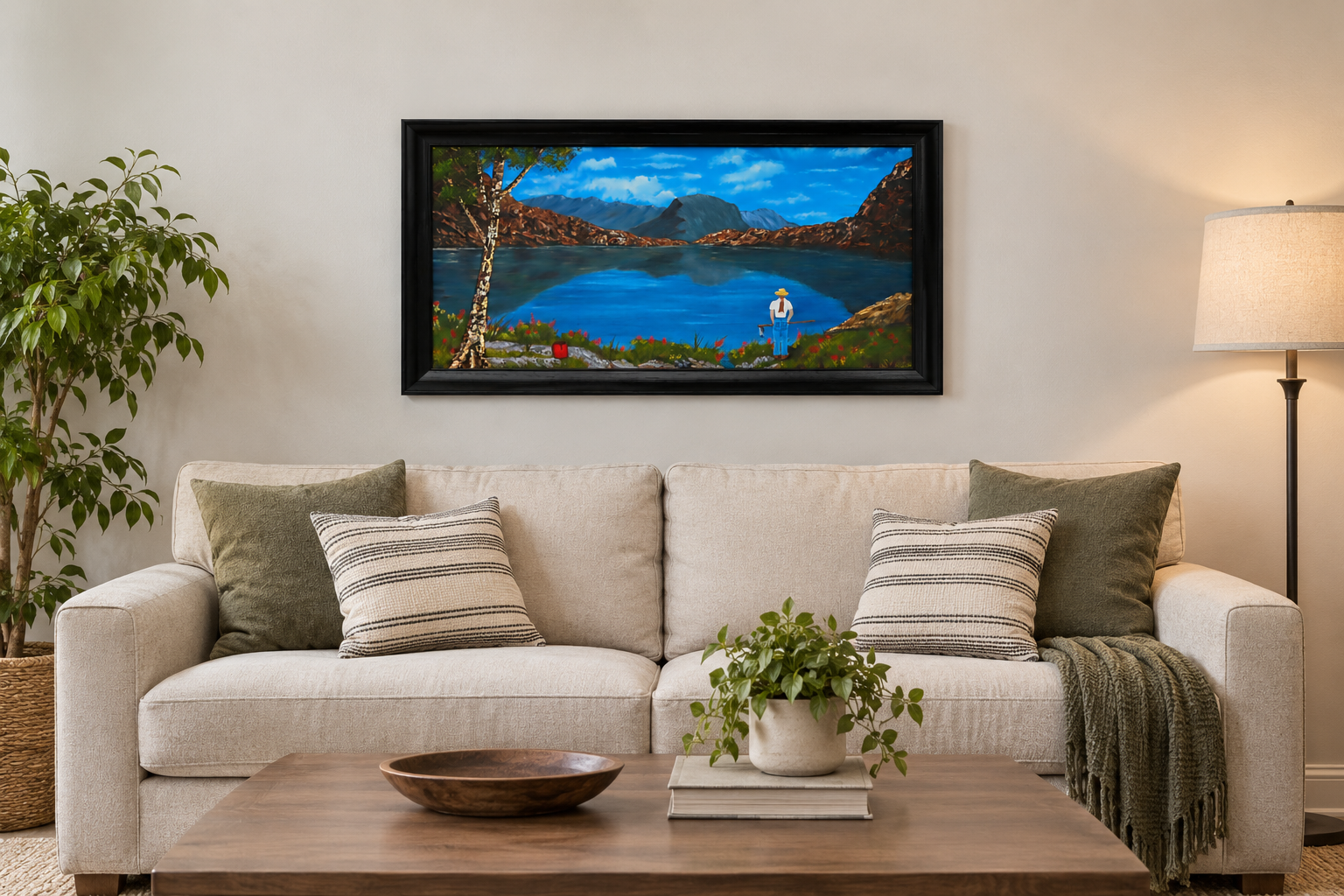 12x24" Original oil painting, landscape of hiker viewing the lake, reflections and distant mountains, framed, shown over a sofa
