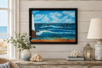 18x24" Original oil painting, racing sailboats  ocean, beach, lighthouse, framed, shown in a seaside cottage