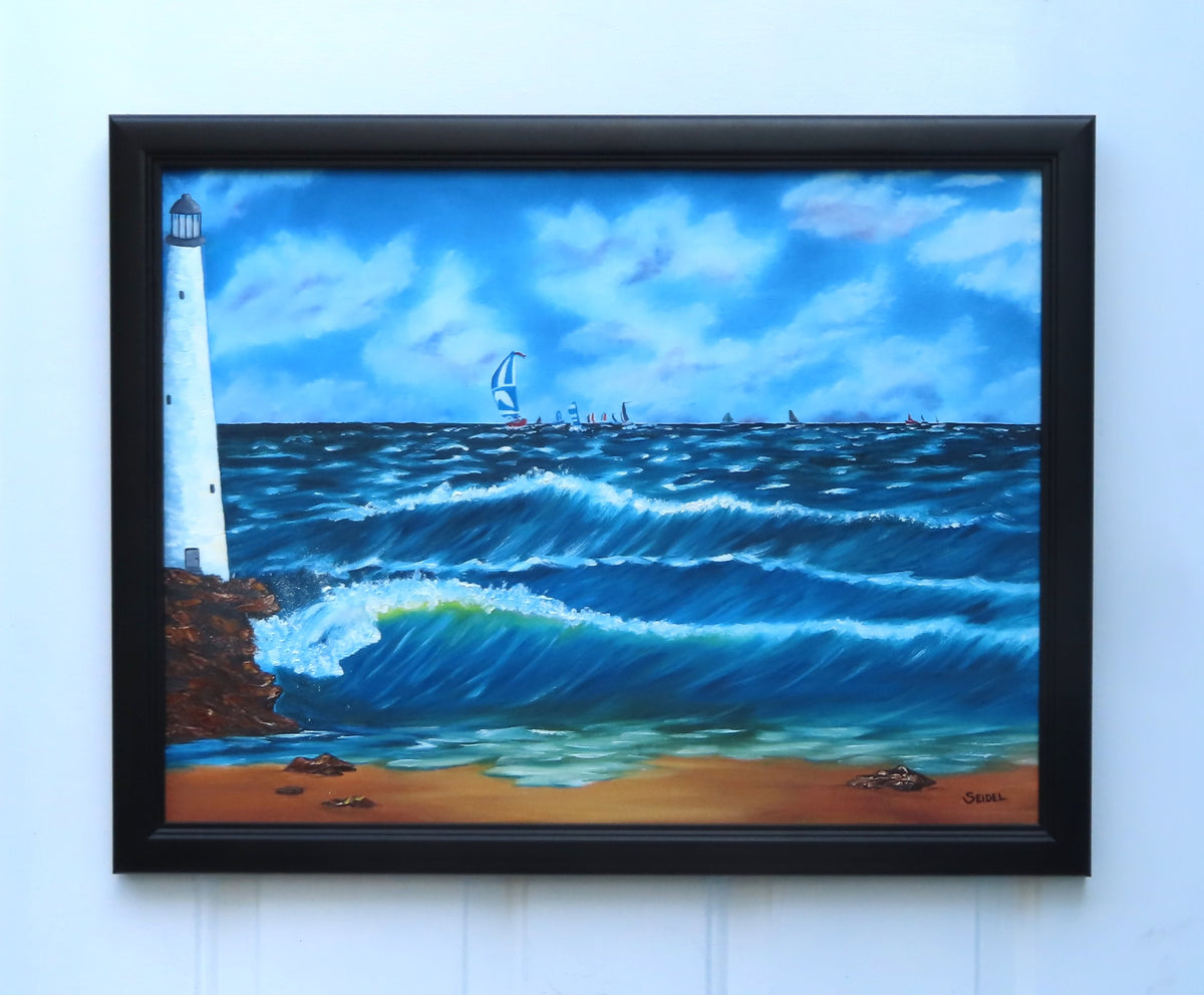 18x24" Original oil painting, racing sailboats  ocean, beach, lighthouse, framed