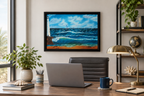 18x24" Original oil painting, racing sailboats  ocean, beach, lighthouse, framed, shown in an office