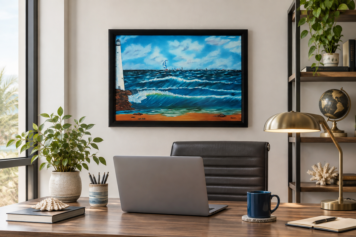 18x24" Original oil painting, racing sailboats  ocean, beach, lighthouse, framed, shown in an office