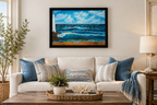 18x24" Original oil painting, racing sailboats  ocean, beach, lighthouse, framed, shown over a sofa
