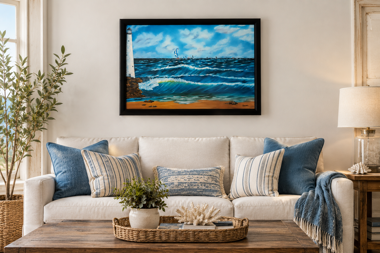 18x24" Original oil painting, racing sailboats  ocean, beach, lighthouse, framed, shown over a sofa