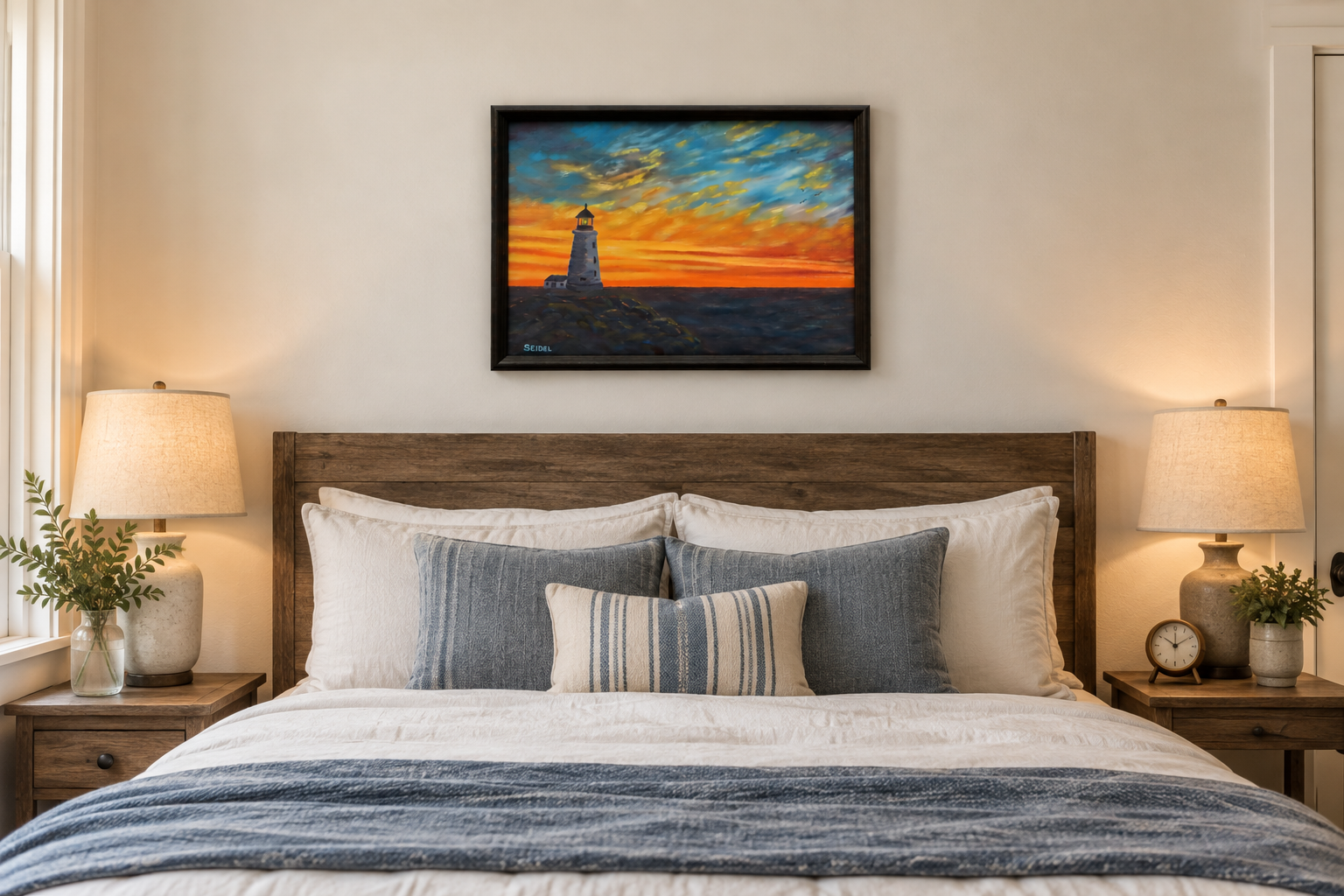 11x14" colorful sunset over ocean, rocky coast, lighthouse, shown over a bed