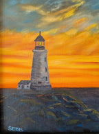 11x14" original oil painting, lighthouse, rocky shore, colorful sunset, framed close up of the lighthouse
