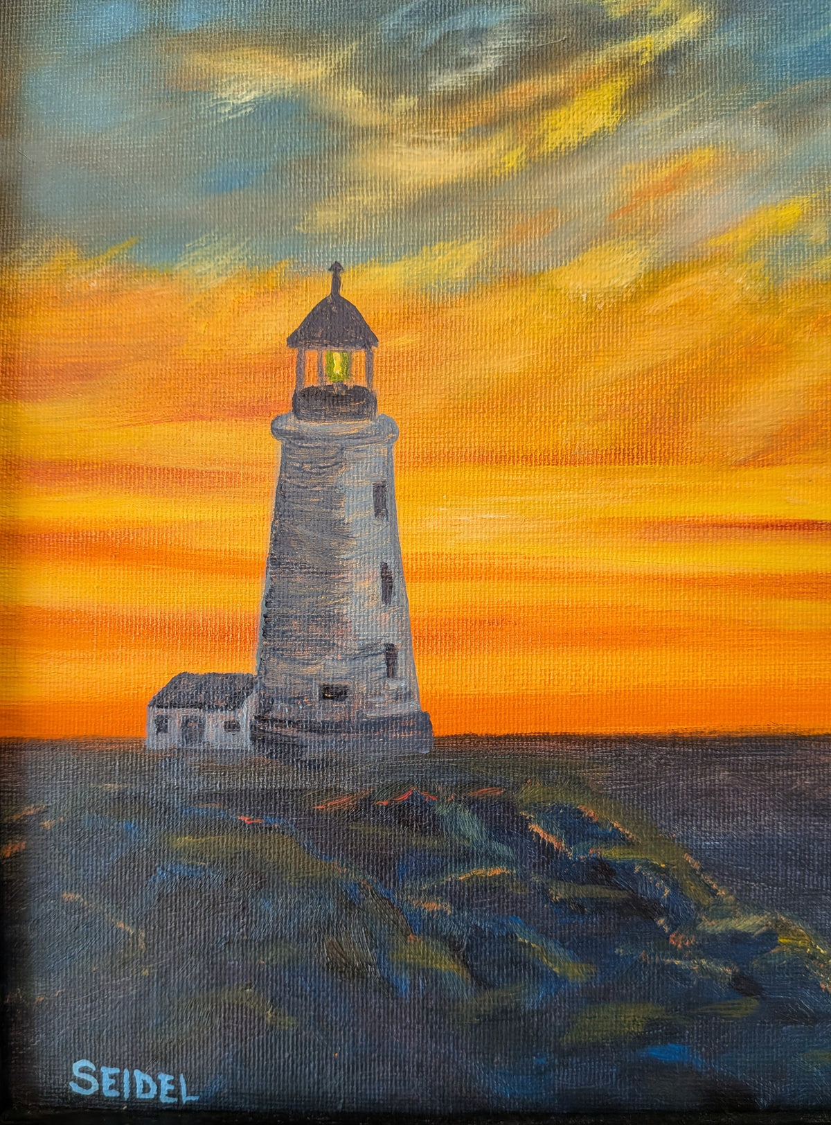 11x14" original oil painting, lighthouse, rocky shore, colorful sunset, framed close up of the lighthouse