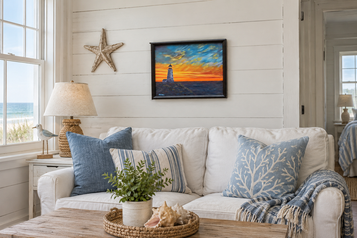 11x14" colorful sunset over ocean, rocky coast, lighthouse, shown over a sofa in seaside cottage