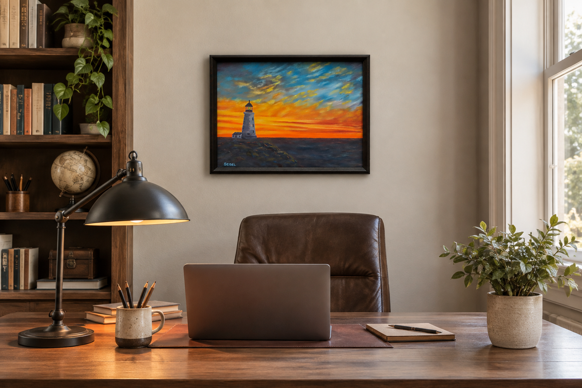 11x14" colorful sunset over ocean, rocky coast, lighthouse, shown behind an office desk
