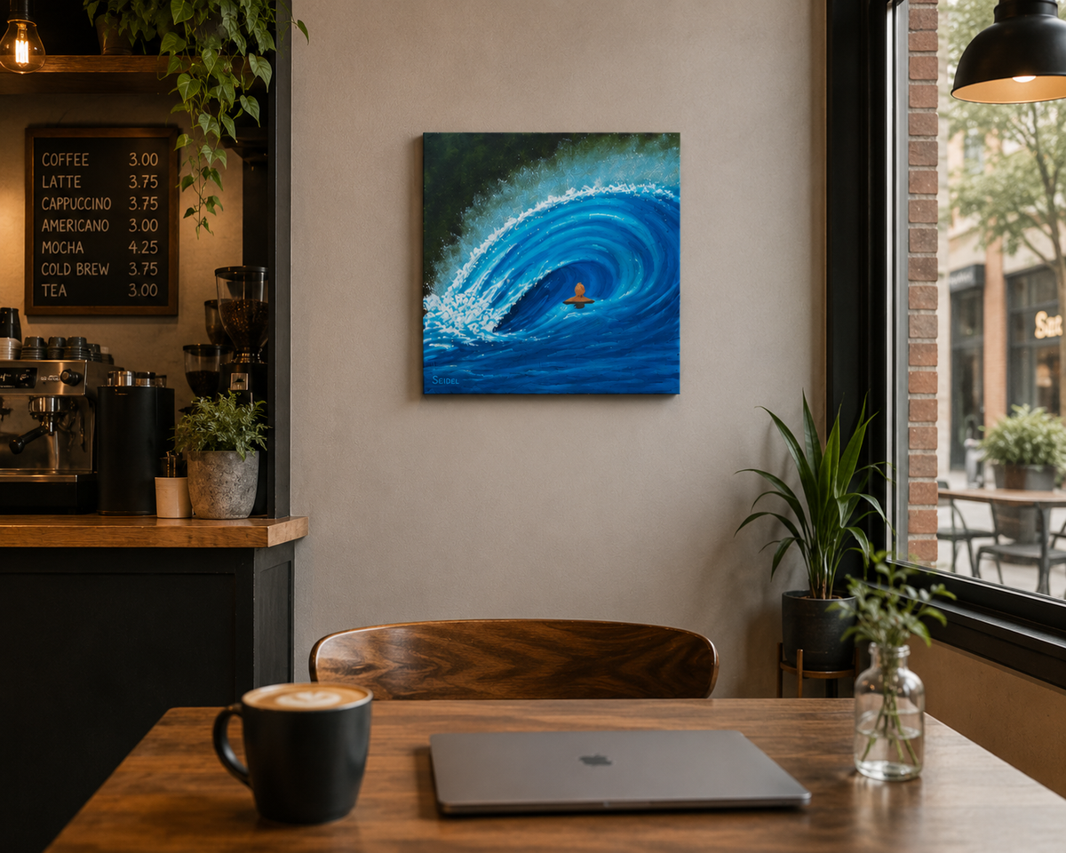 12x12" original oil painting, surfer viewing a large crashing wave, shown in a cafe