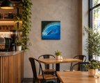 12x12" original oil painting, surfer viewing a large crashing wave, shown in a cafe