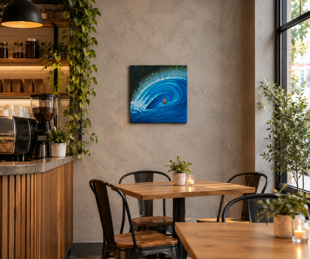 12x12" original oil painting, surfer viewing a large crashing wave, shown in a cafe