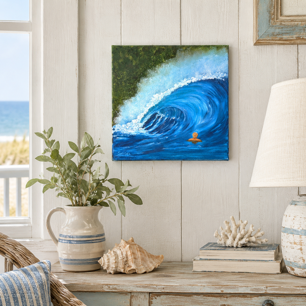 12x12" original oil painting, surfer viewing a large crashing wave, displayed  in a seaside cottage