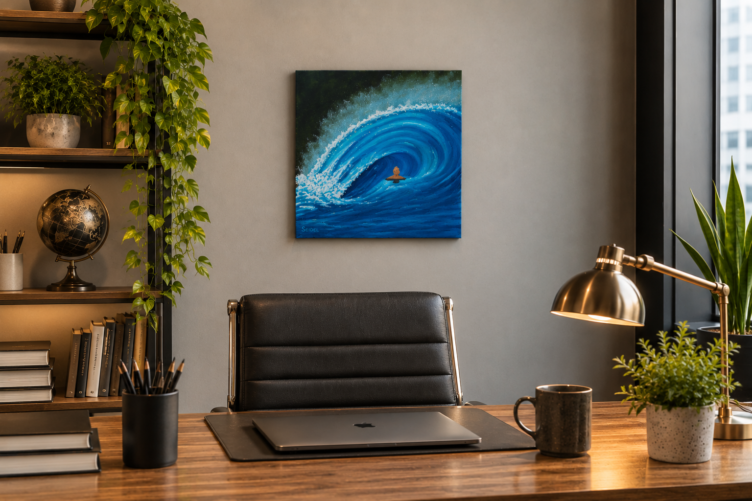 12x12" original oil painting, surfer viewing a large crashing wave, shown behind an office desk