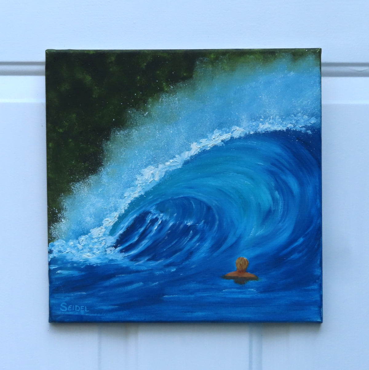 12x12" original oil painting, surfer viewing a large crashing wave