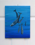 11x14 original oil painting of a scuba diver swimming with whales, unframed
