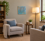 10x10" original liquid acrylic painting on canvas, multiple blues and peach colors with an inspirational scripture and a special symbol meaning Truth. It is shown here in a therapist's office.