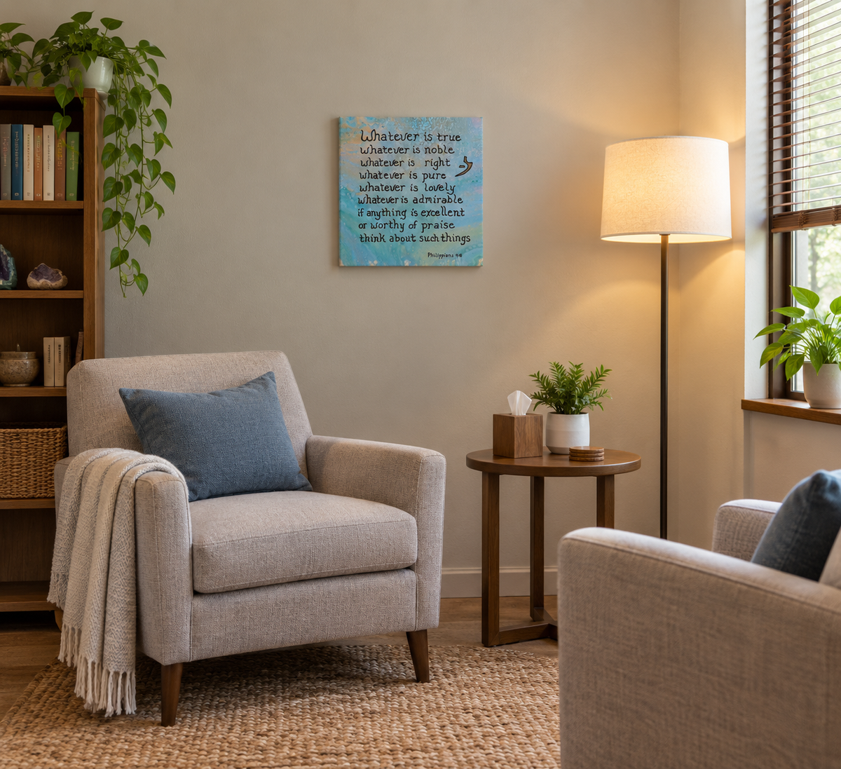 10x10" original liquid acrylic painting on canvas, multiple blues and peach colors with an inspirational scripture and a special symbol meaning Truth. It is shown here in a therapist's office.