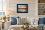 11x14 original oil painting, kayakers on ocean at sunset, framed, shown in a seaside cottage