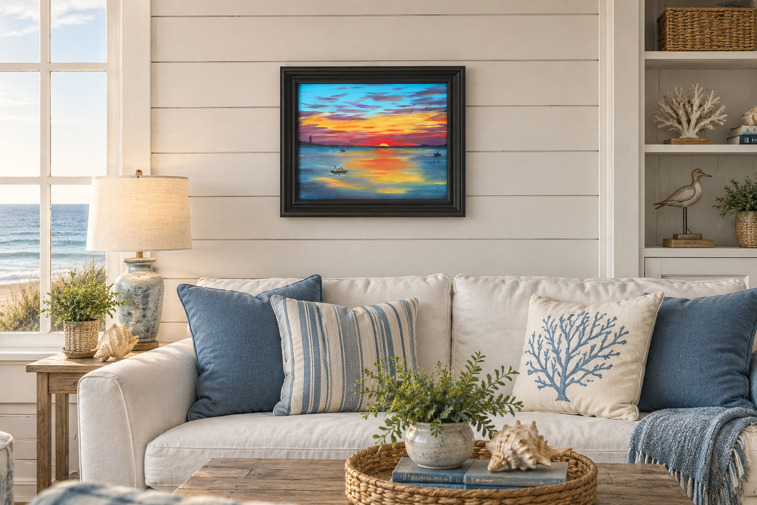 11x14 original oil painting, kayakers on ocean at sunset, framed, shown in a seaside cottage