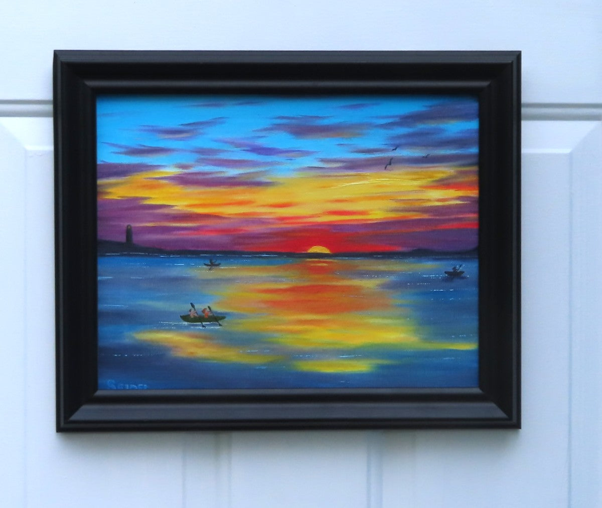 11x14 original oil painting, kayakers on ocean at sunset, framed in a modern black frame