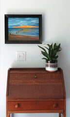 11x14 original oil painting, kayakers on ocean at sunset, framed, shown over secretary desk