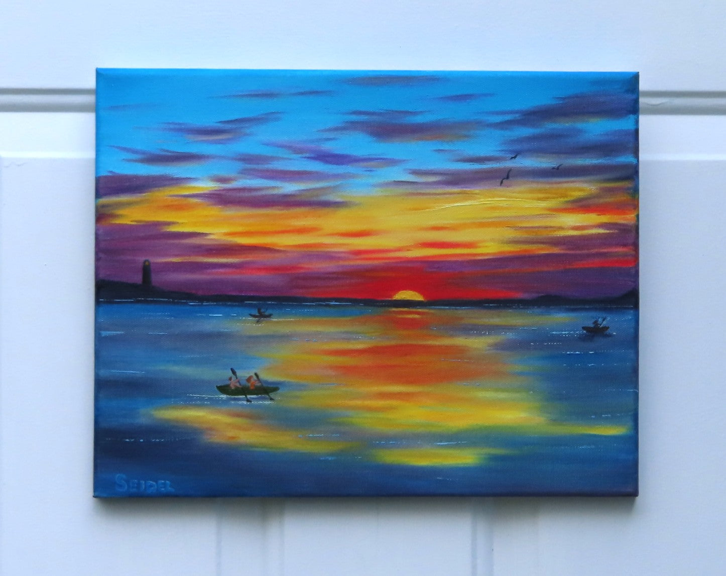11x14 original oil painting, kayakers on ocean at sunset, unframed