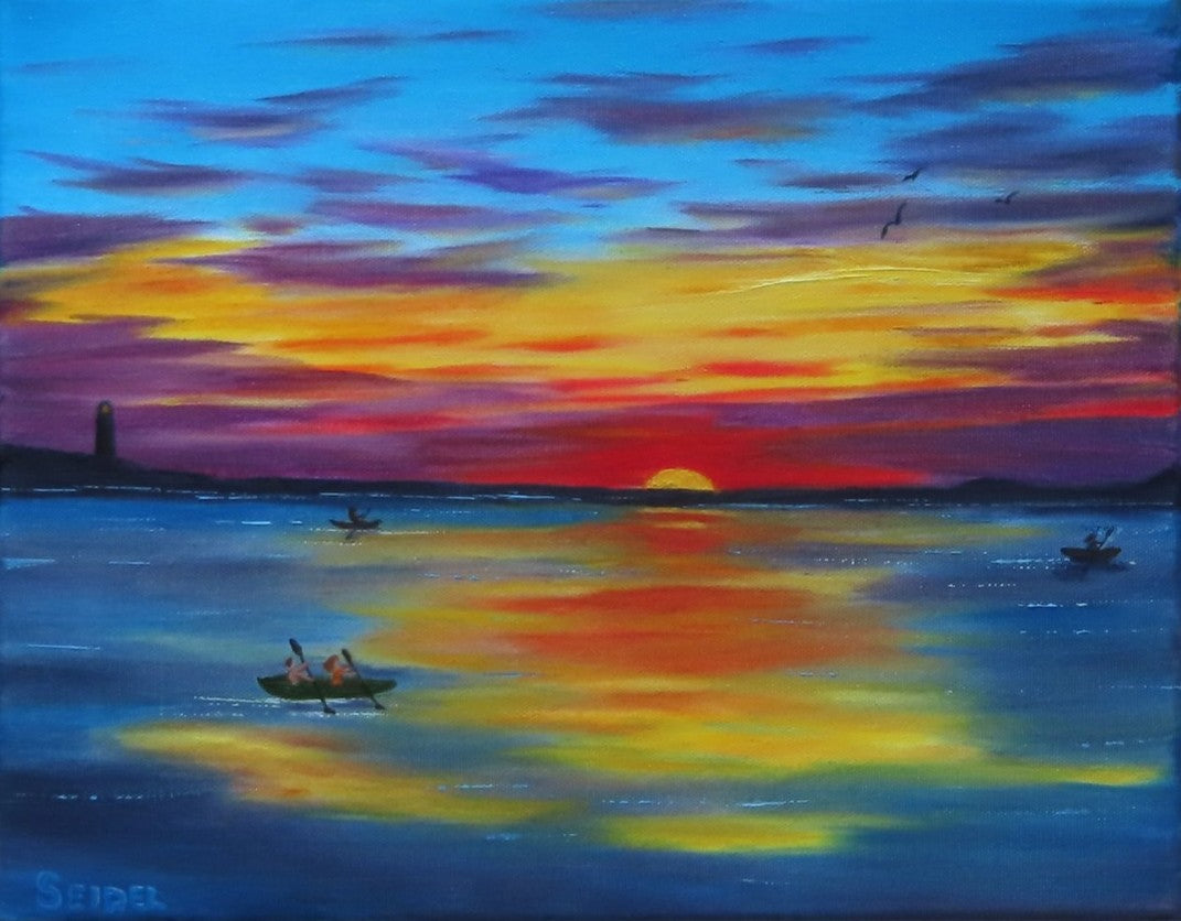 11x14 original oil painting, kayakers on ocean at sunset, unframed