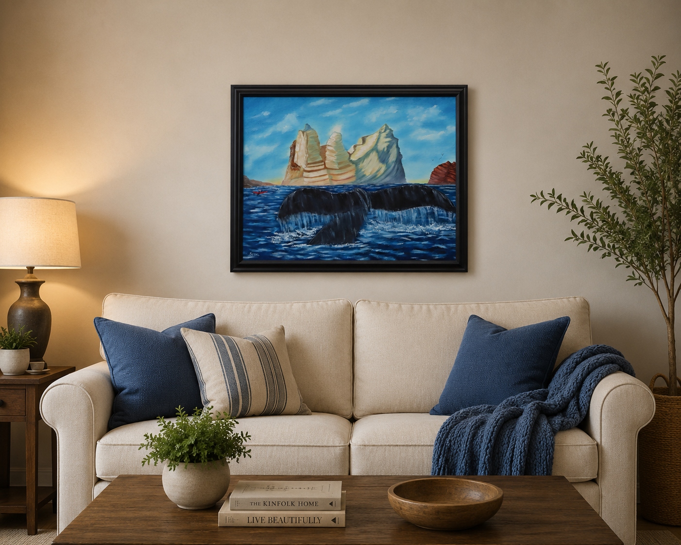 original oil painting, ocean, icebergs,kayaker and whale tail, framed, displayed over sofa