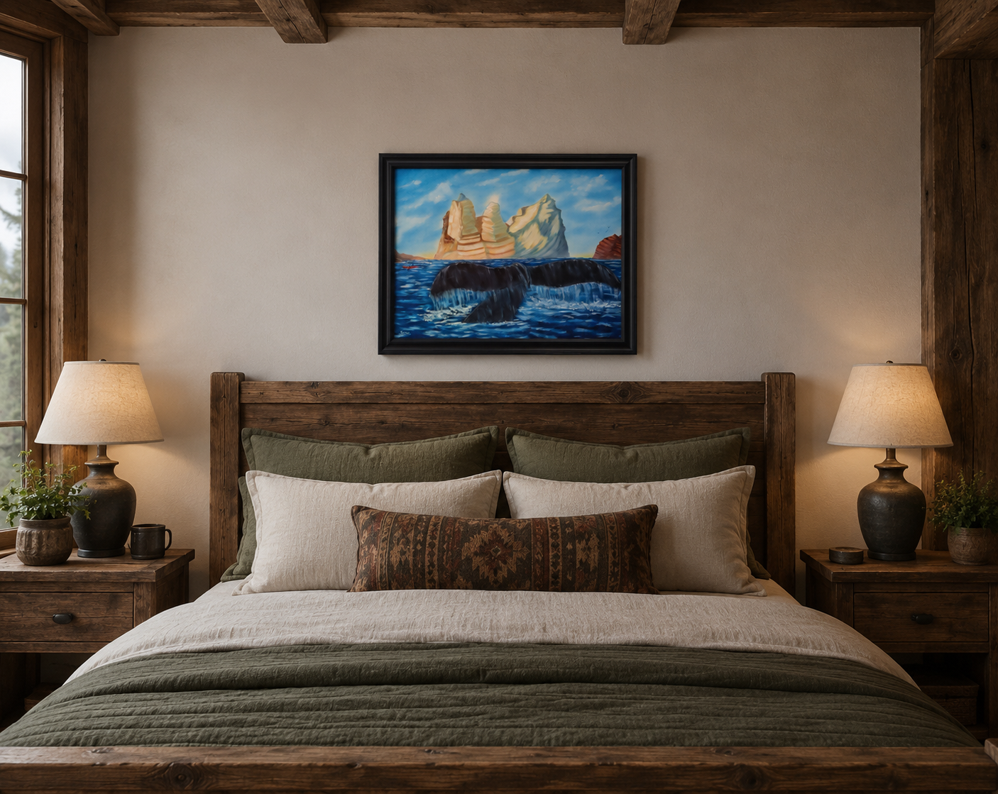 original oil painting, ocean, icebergs,kayaker and whale tail, framed, displayed over bed
