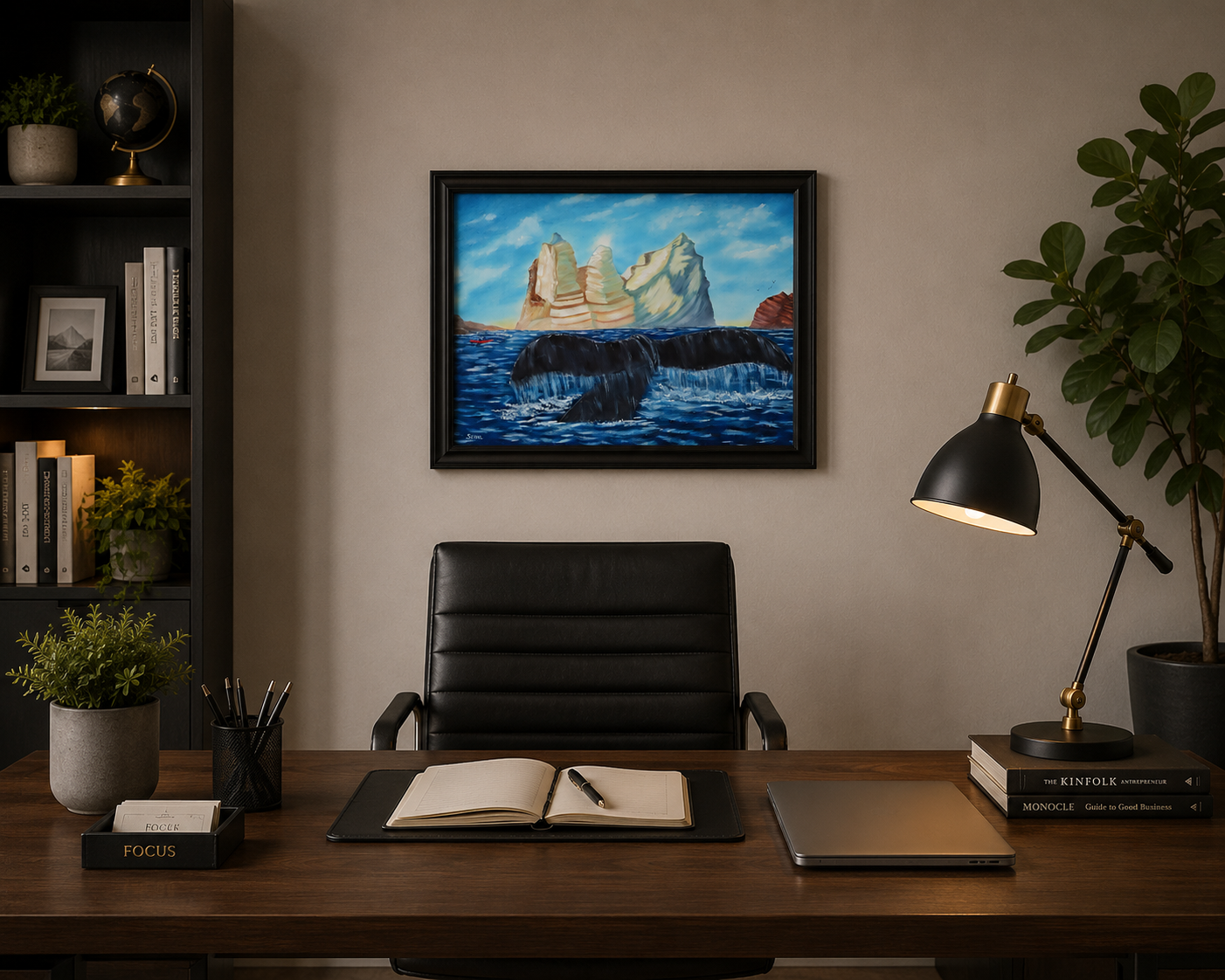 original oil painting, ocean, icebergs,kayaker and whale tail, framed, displayed behind office desk