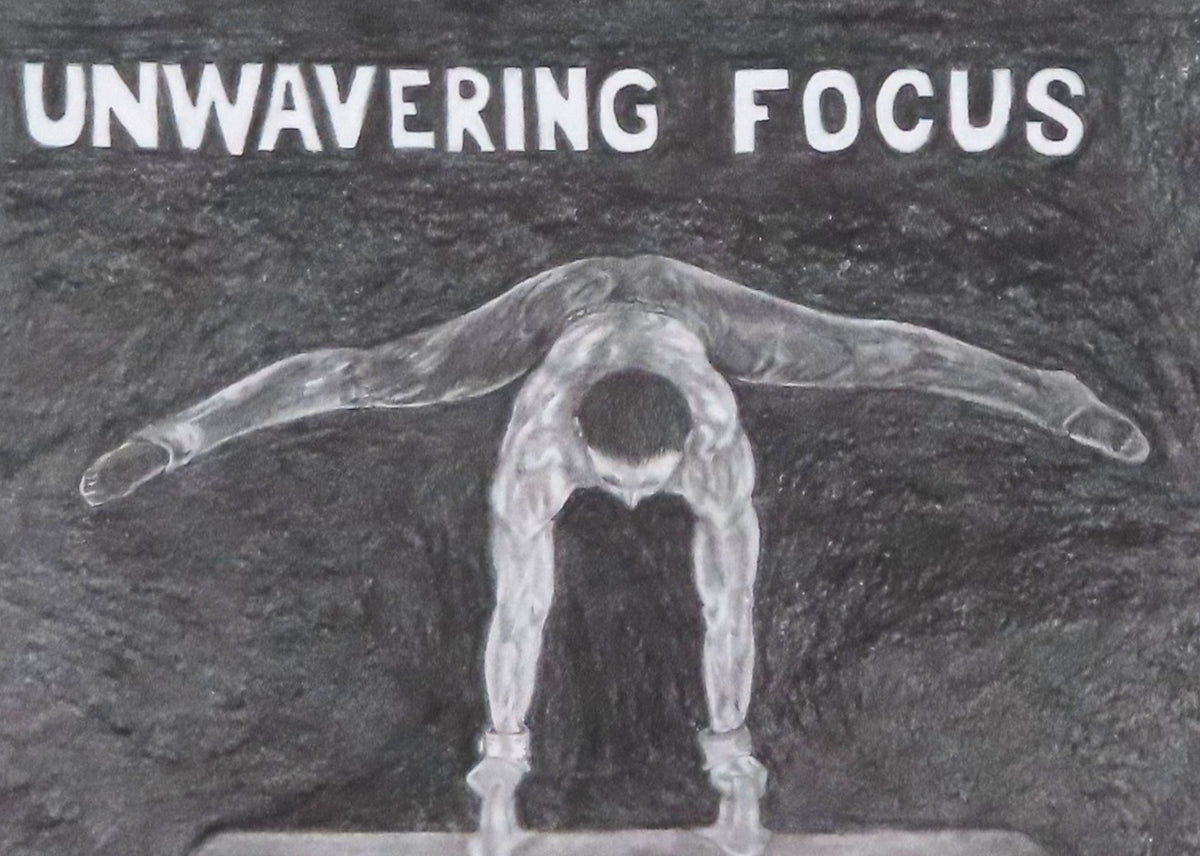9x12" original graphite drawing of gymnast on pommel horse, showing a close-up