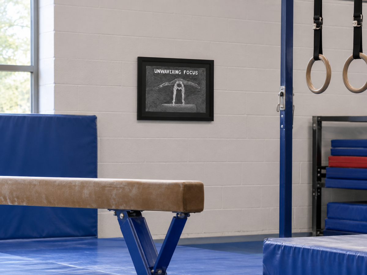 9x12" original graphite drawing of gymnast on pommel horse, framed in black, shown in a gym by gymnastics equipment