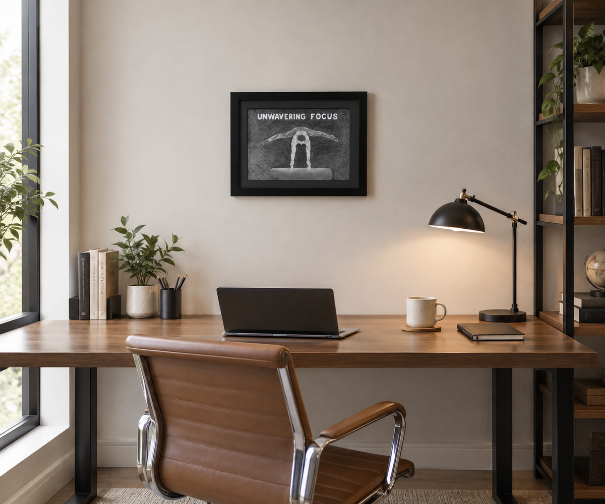 original graphite drawing of gymnast on pommel horse, framed in black, shown in front of an office desk