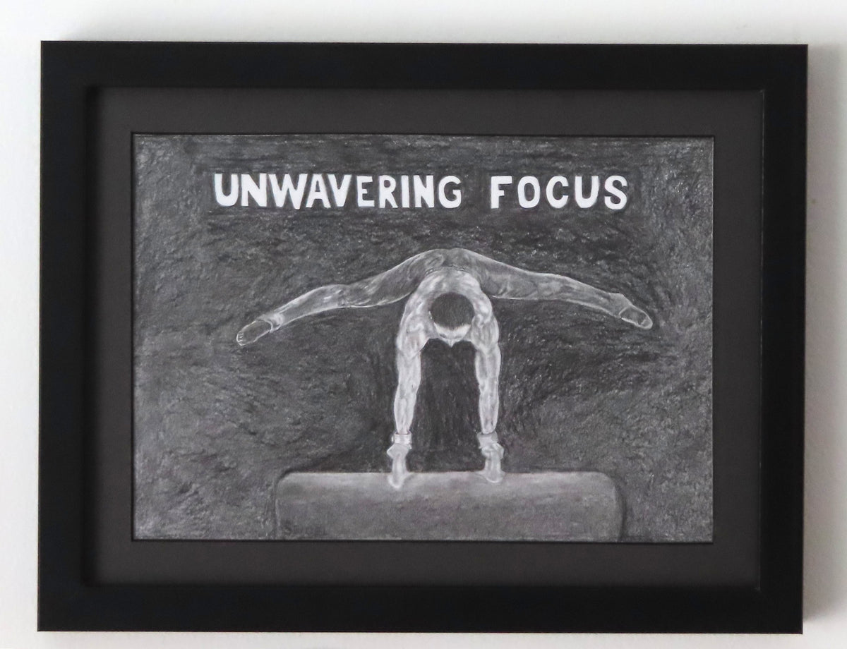 9x12" original graphite drawing of gymnast on pommel horse, framed in black