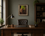 An original 16x20 oil painting on canvas featuring a lone tree with bright green leaves, illuminated by sunlight, with a dark, mysterious background and a rocky cavern, displayed in an ornate wood frame, displayed behind office desk