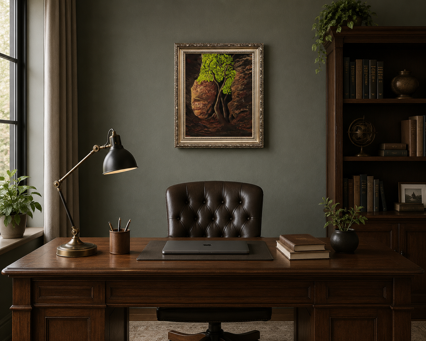 An original 16x20 oil painting on canvas featuring a lone tree with bright green leaves, illuminated by sunlight, with a dark, mysterious background and a rocky cavern, displayed in an ornate wood frame, displayed behind office desk