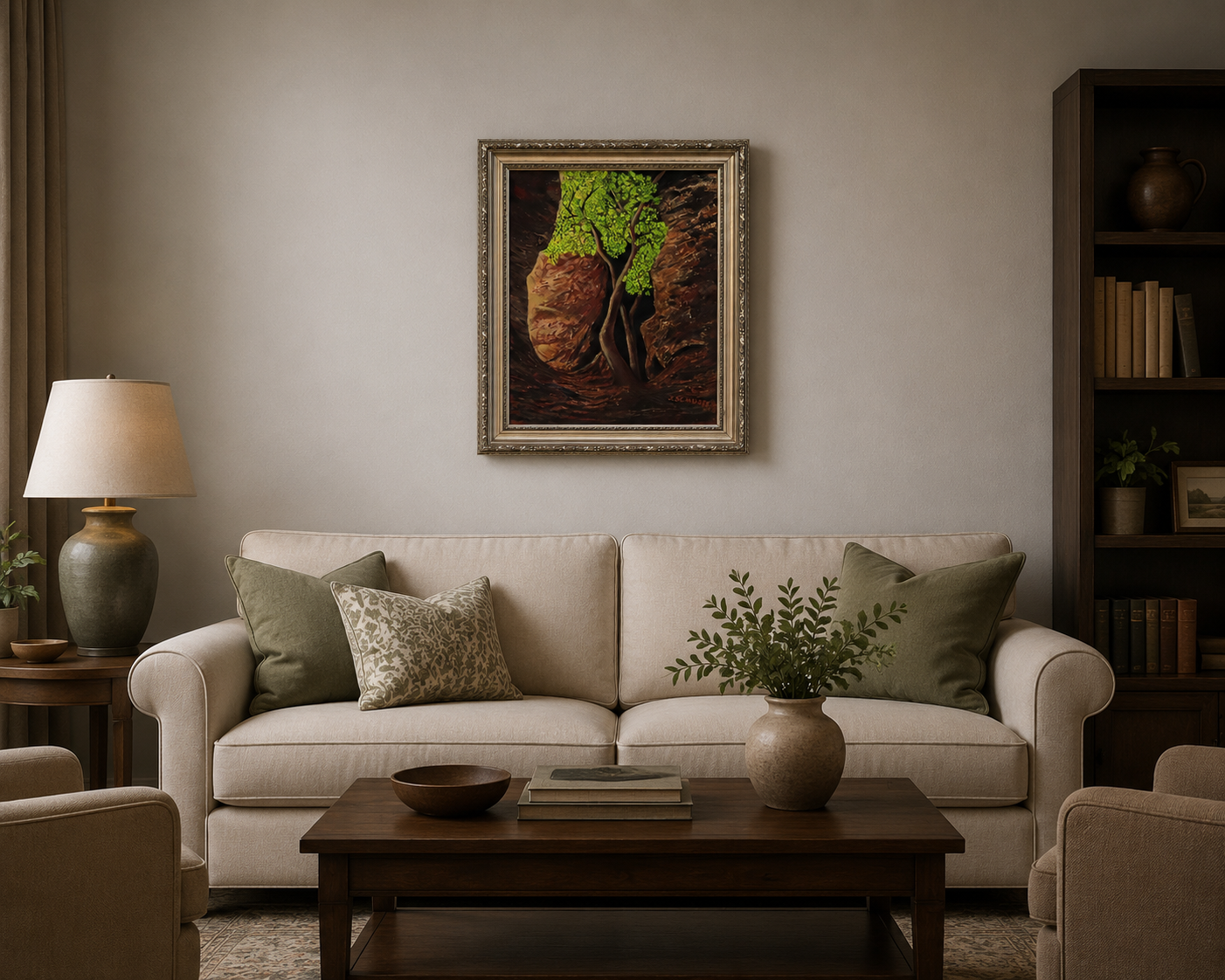 An original 16x20 oil painting on canvas featuring a lone tree with bright green leaves, illuminated by sunlight, with a dark, mysterious background and a rocky cavern, displayed in an ornate wood frame, displayed over sofa