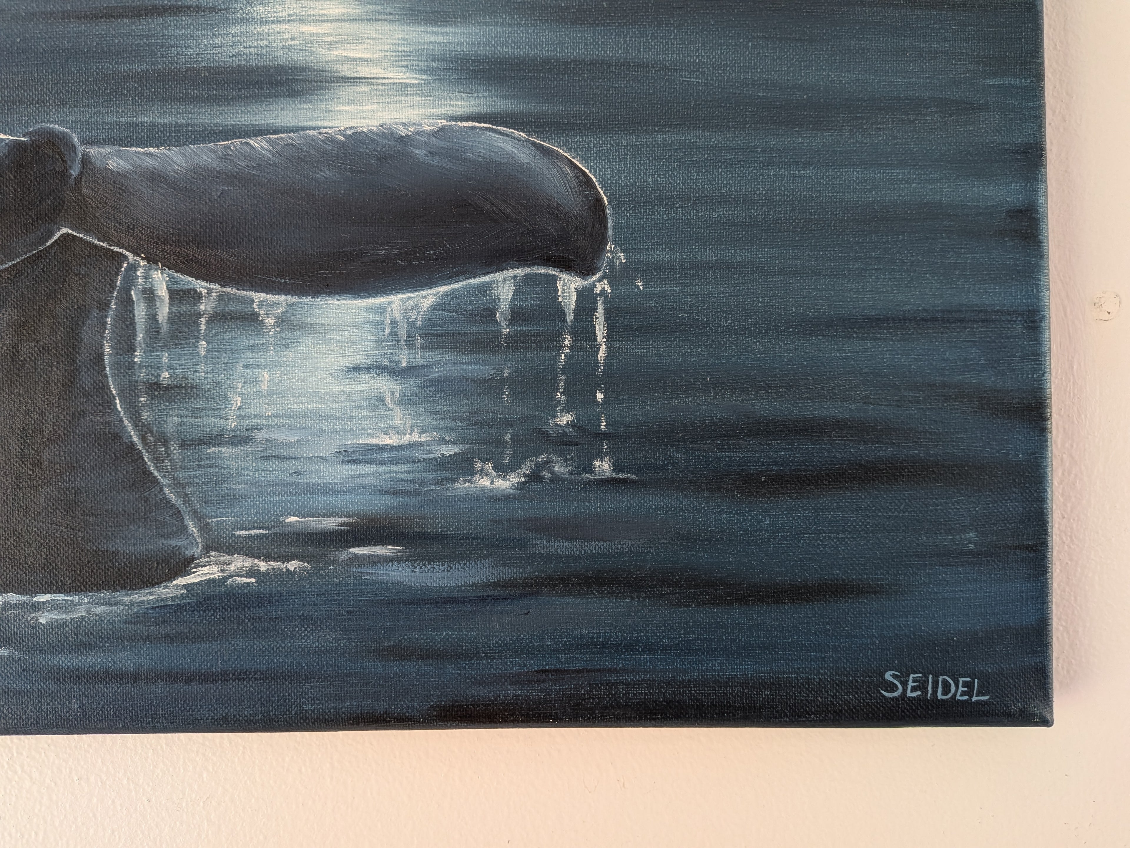original 16x20 oil painting, moody skies, ocean, whale flukes closeup